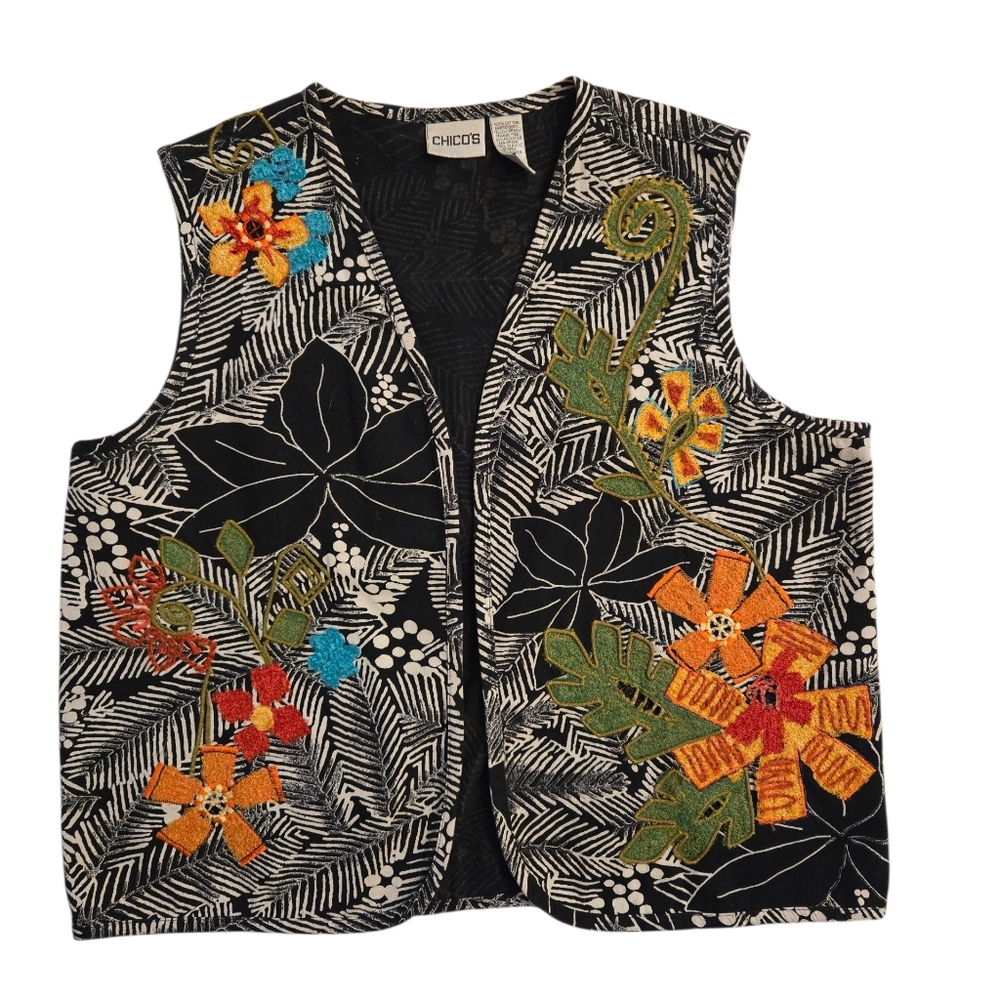 Chico's Colorful Floral Embroidered Black White Tropical Patterned Vest